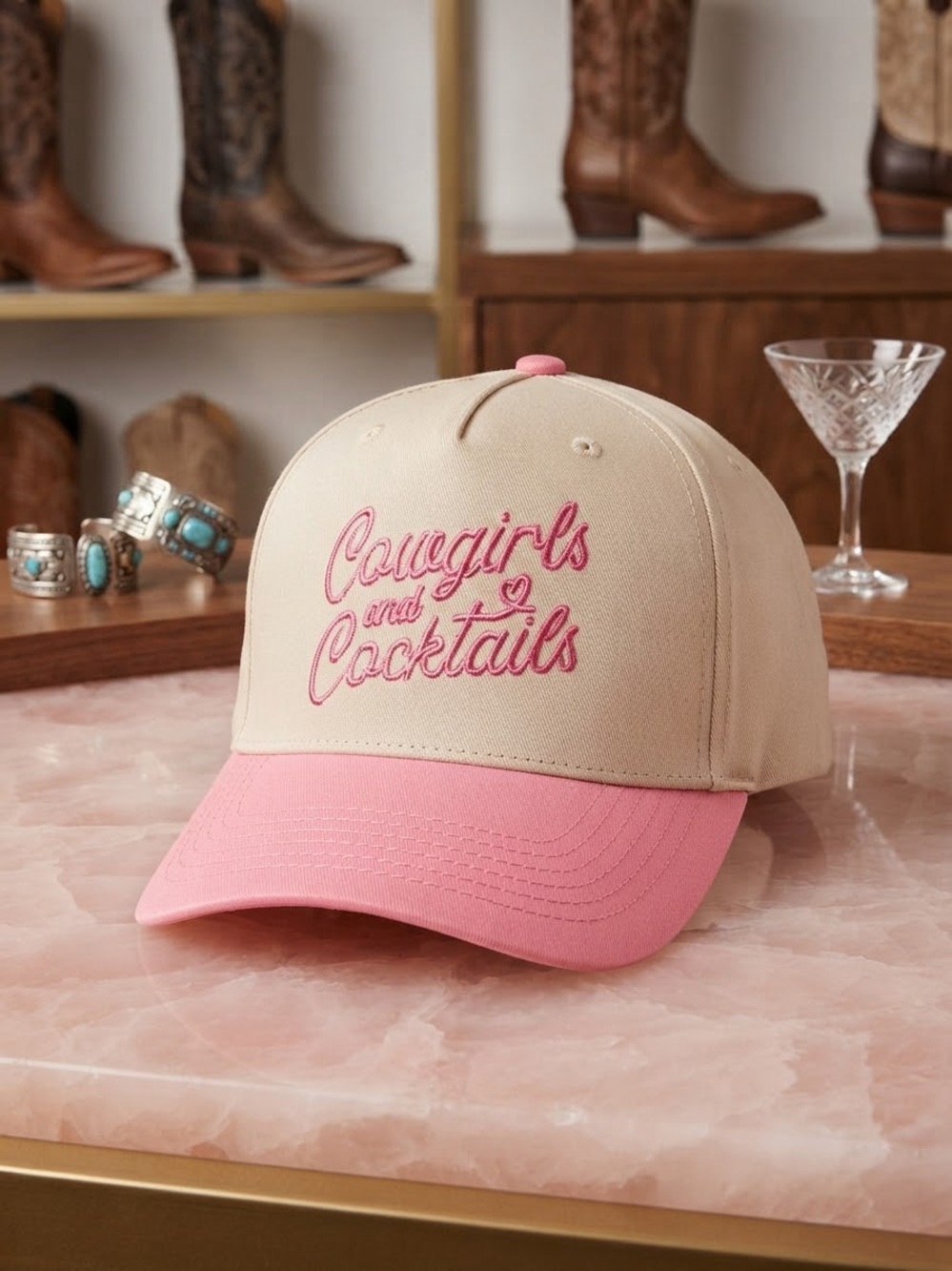 Katydid Beige and Pink 'Cowgirls and Cocktails' Embroidered Cap